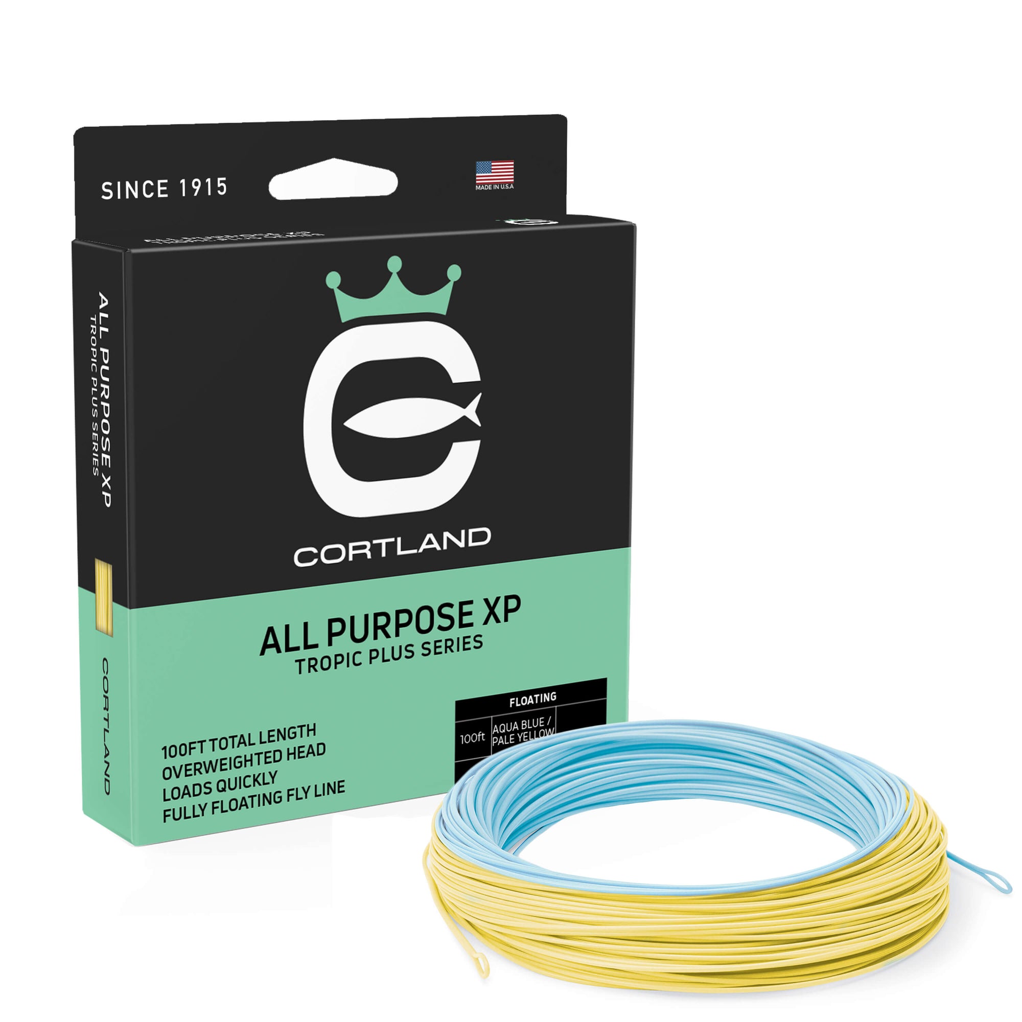 All Purpose XP Tropic Plus Series Fly Line Box and Coil. The coil is aqua blue and pale yellow. The box has the Cortland Logo and is black and light blue.