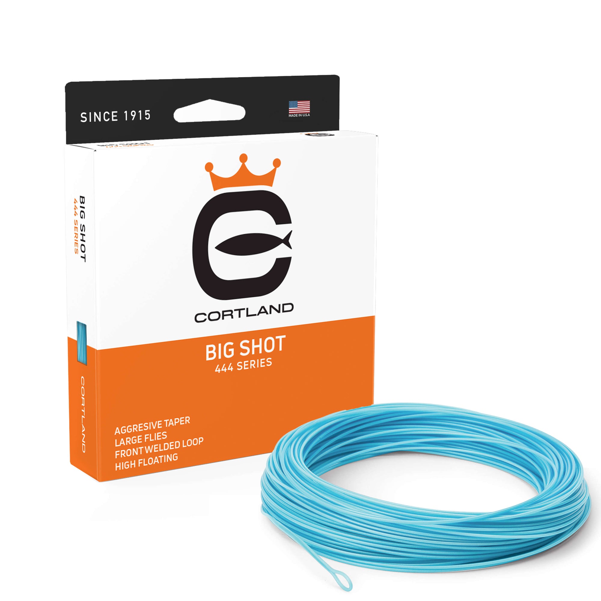Big Shot Fly Line Box and coil. The coil is sky blue. The box has the Cortland logo and is orange and white.