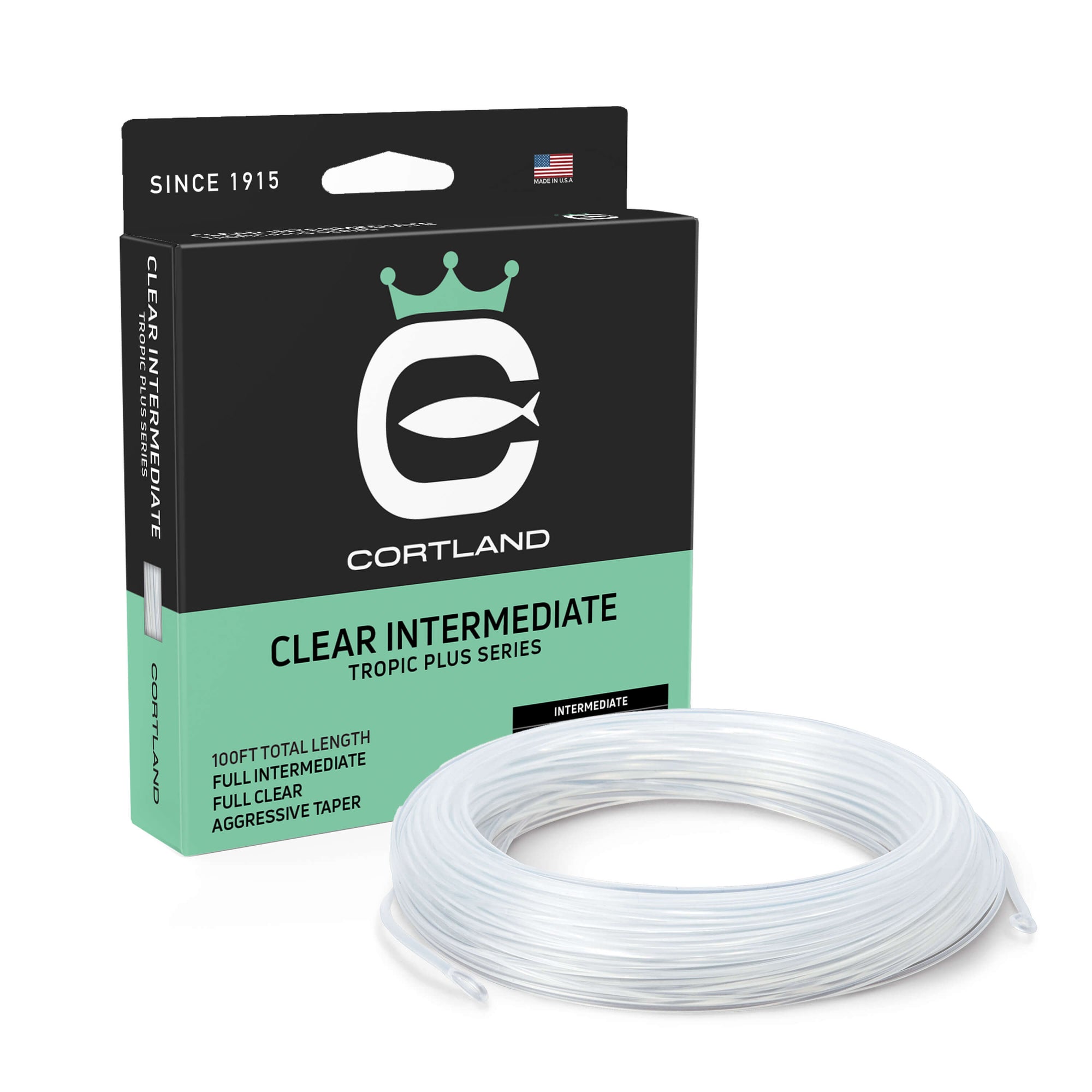 Clear Intermediate Fly Line Box and Coil. The coil is clear. The box is black at the top and light blue at the bottom.