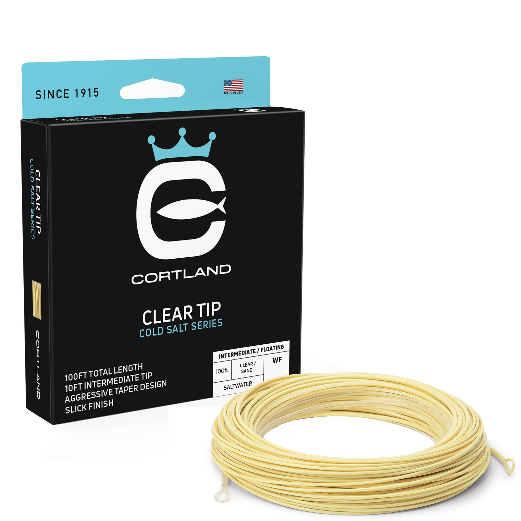 Clear Tip Cold Salt Series Fly Line Box and Coil. The coil is clear and sand. The box has the Cortland logo and is black and light blue.