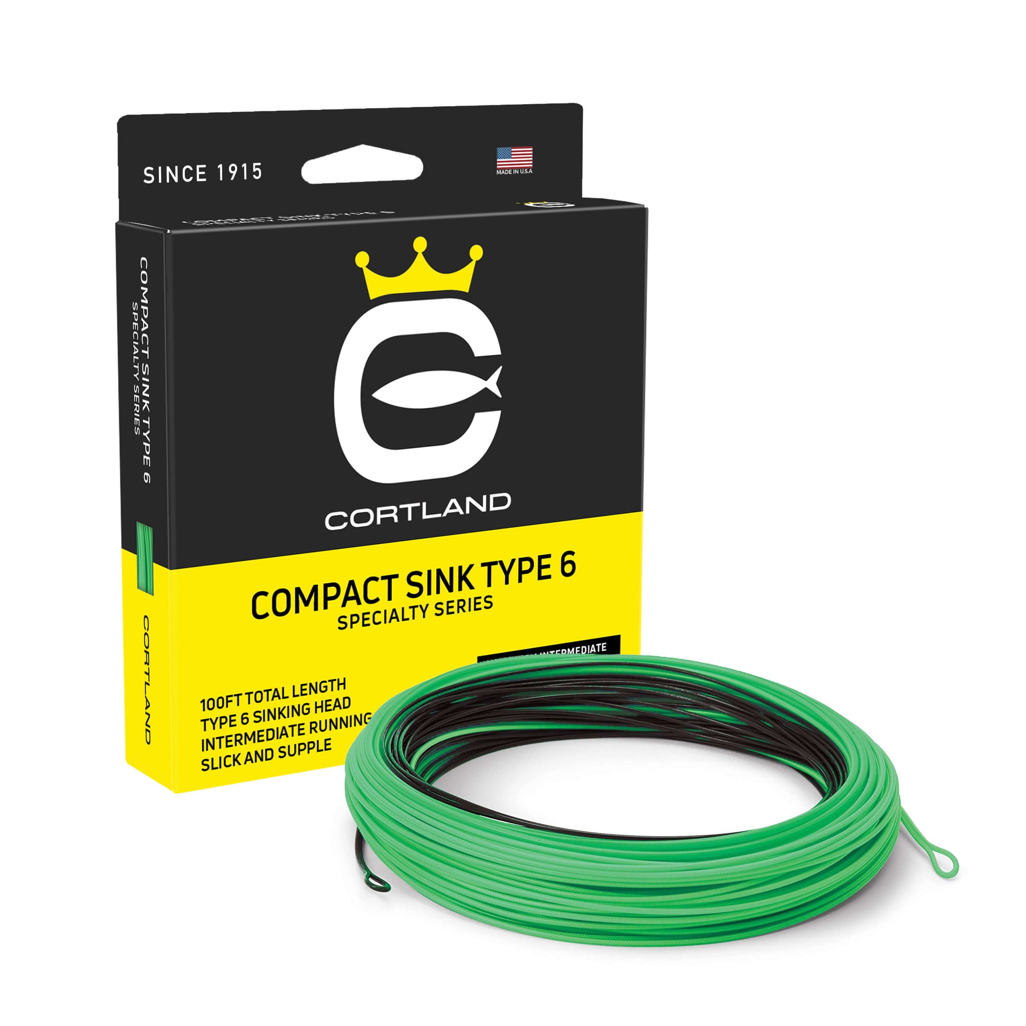 Compact Sink Type 6 Fly Fishing Line and Box. The coil is black and electric green. The box is black and yellow.
