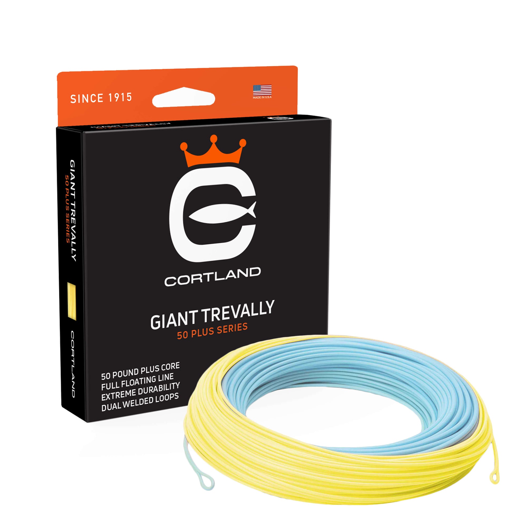 Giant Trevally 50+ Series Fly Line Box and Coil. The coil is light blue and yellow. The box has the Cortland Logo and is black and orange.