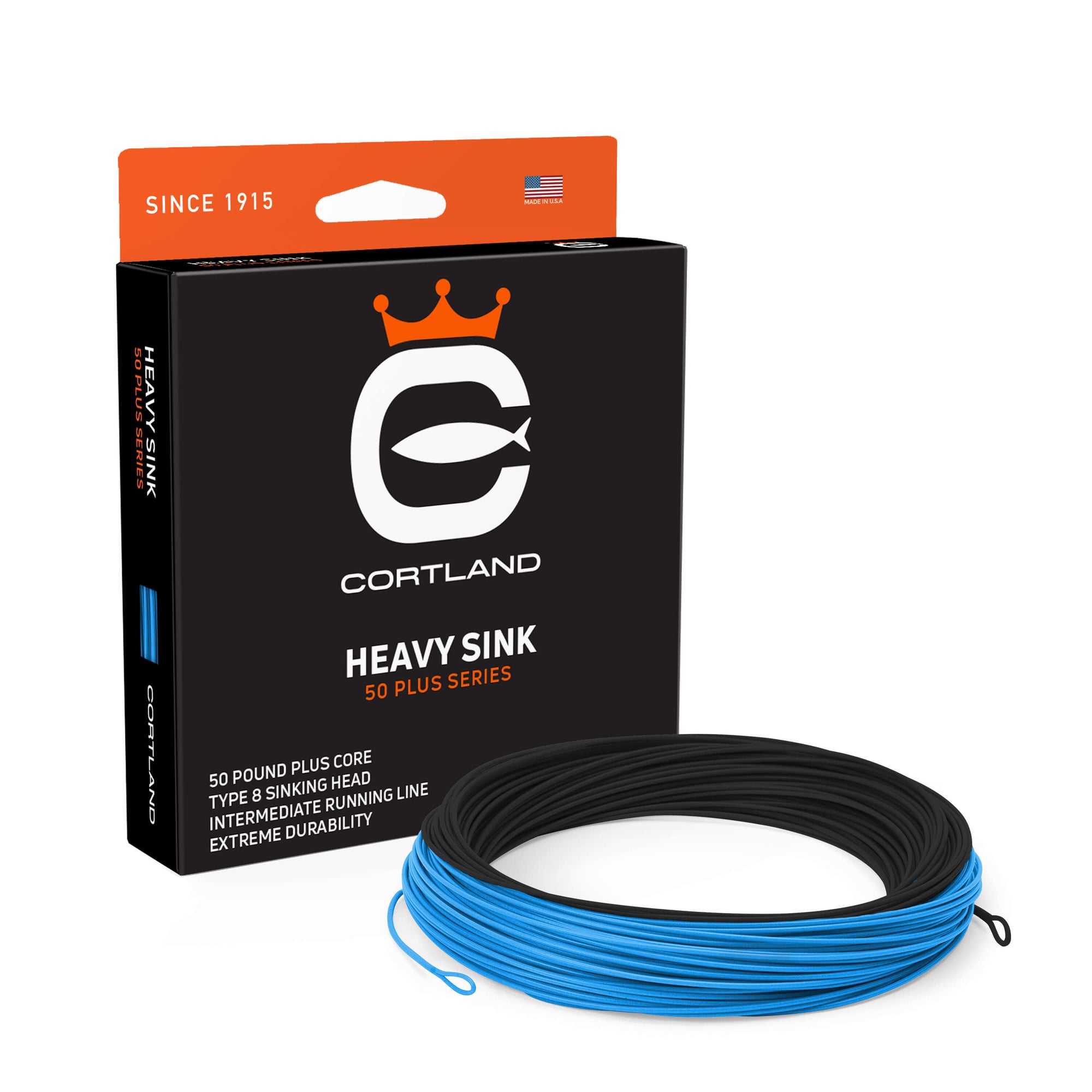 Heavy Sink 50+ Series Fly Line Box and Coil. The coil is black and smoke. The box has the Cortland Logo and is black and orange.
