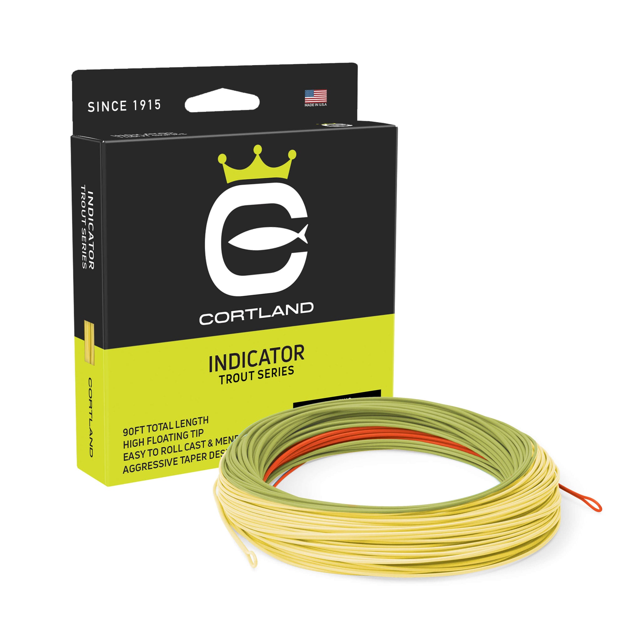 Indicator Fly Line Box and coil. The coil is fire orange, olive, and pale yellow. The box has the Cortland logo and is black and neon yellow.