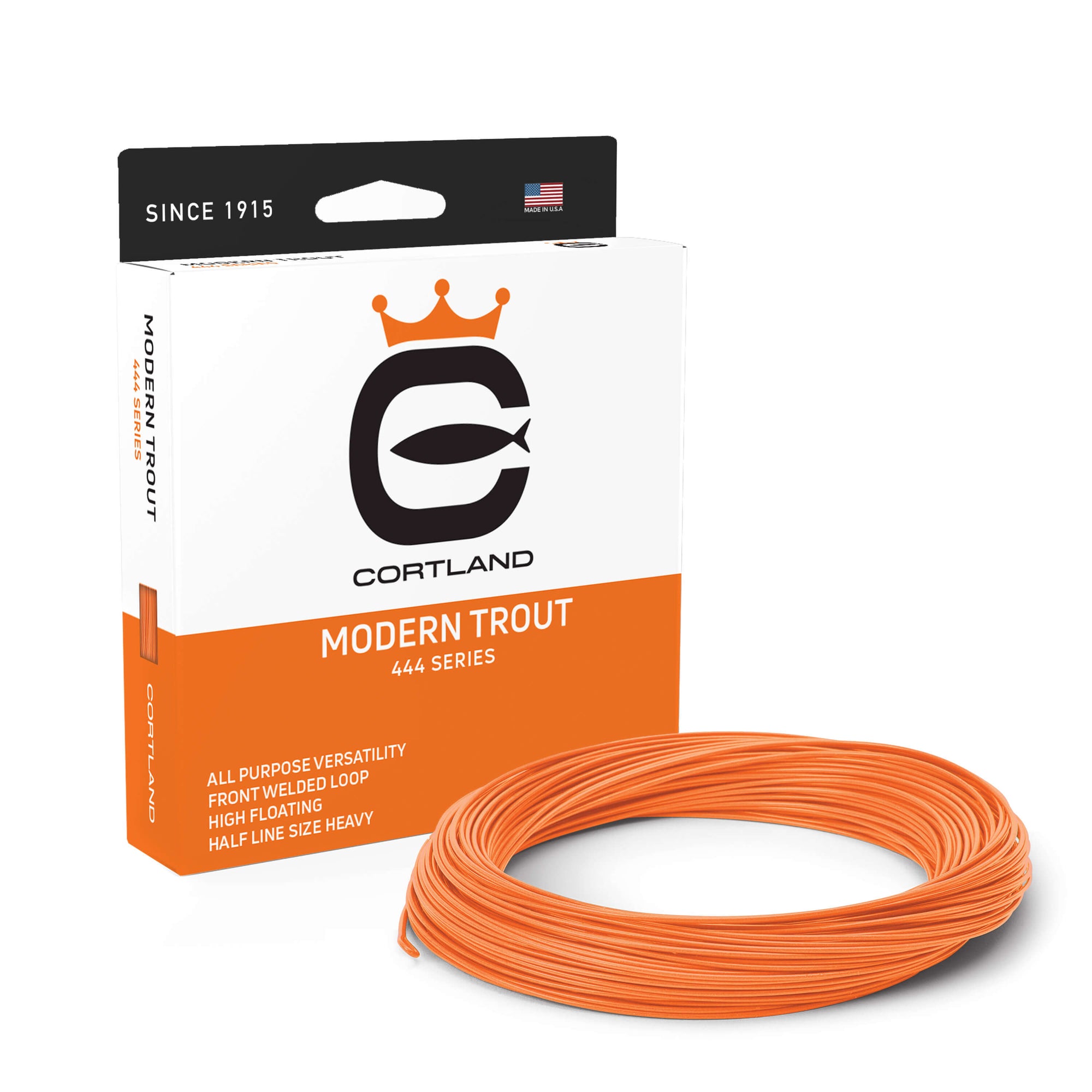 Modern Trout Fly Line and box. The coil is orange. The box is white and orange, and has the Cortland logo.