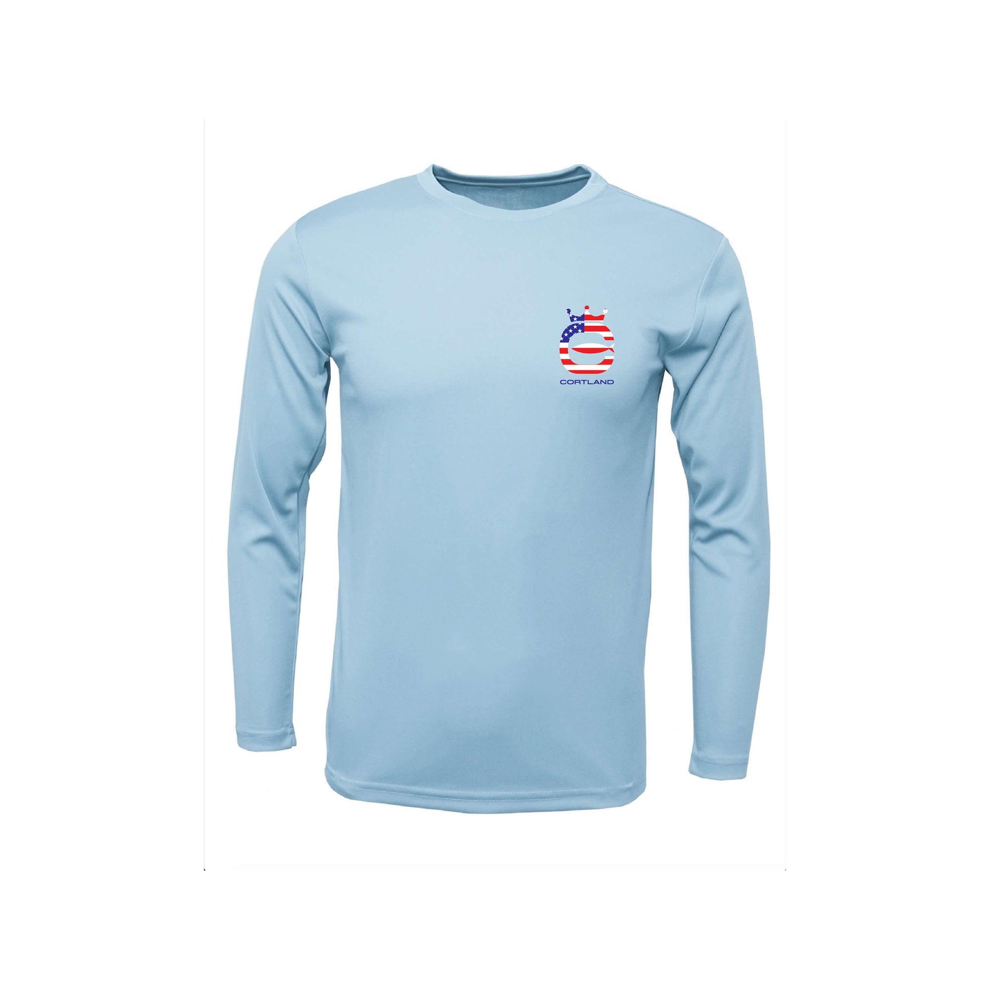 Performance Long Sleeve. The Cortland Logo is on the front upper left chest and it is American Flag Themed.