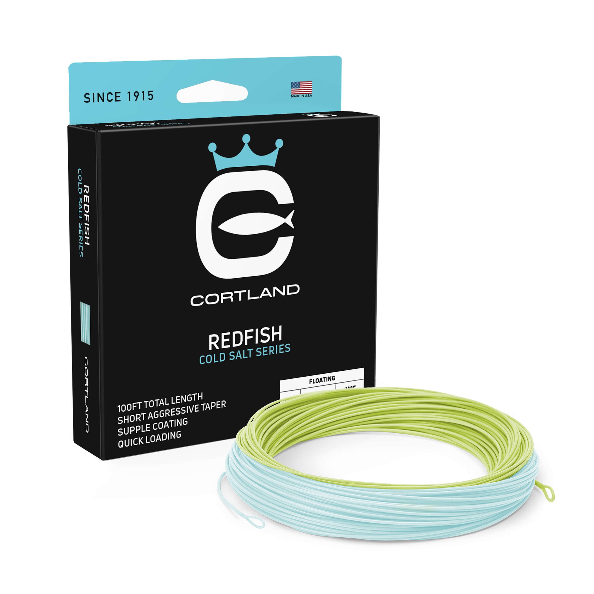 Redfish Fly Fishing Line and Box. The line is aqua green and sky blue. The box is black and light blue at the top.