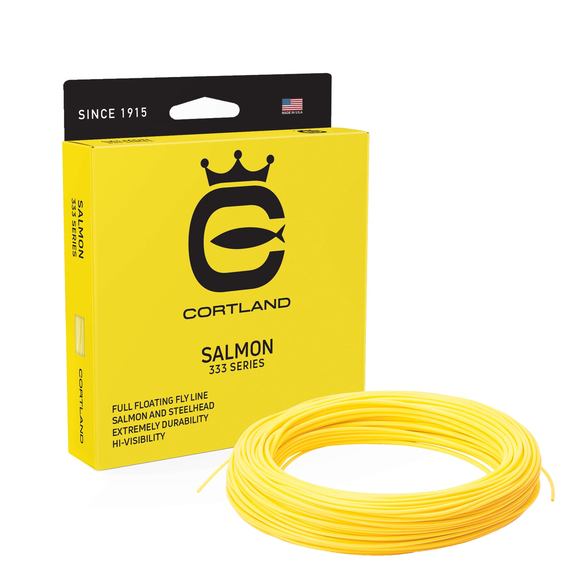 Salmon 333 Series Box and Fly Line. The coil is marigold. The box is also yellow and the Cortland logo is black.