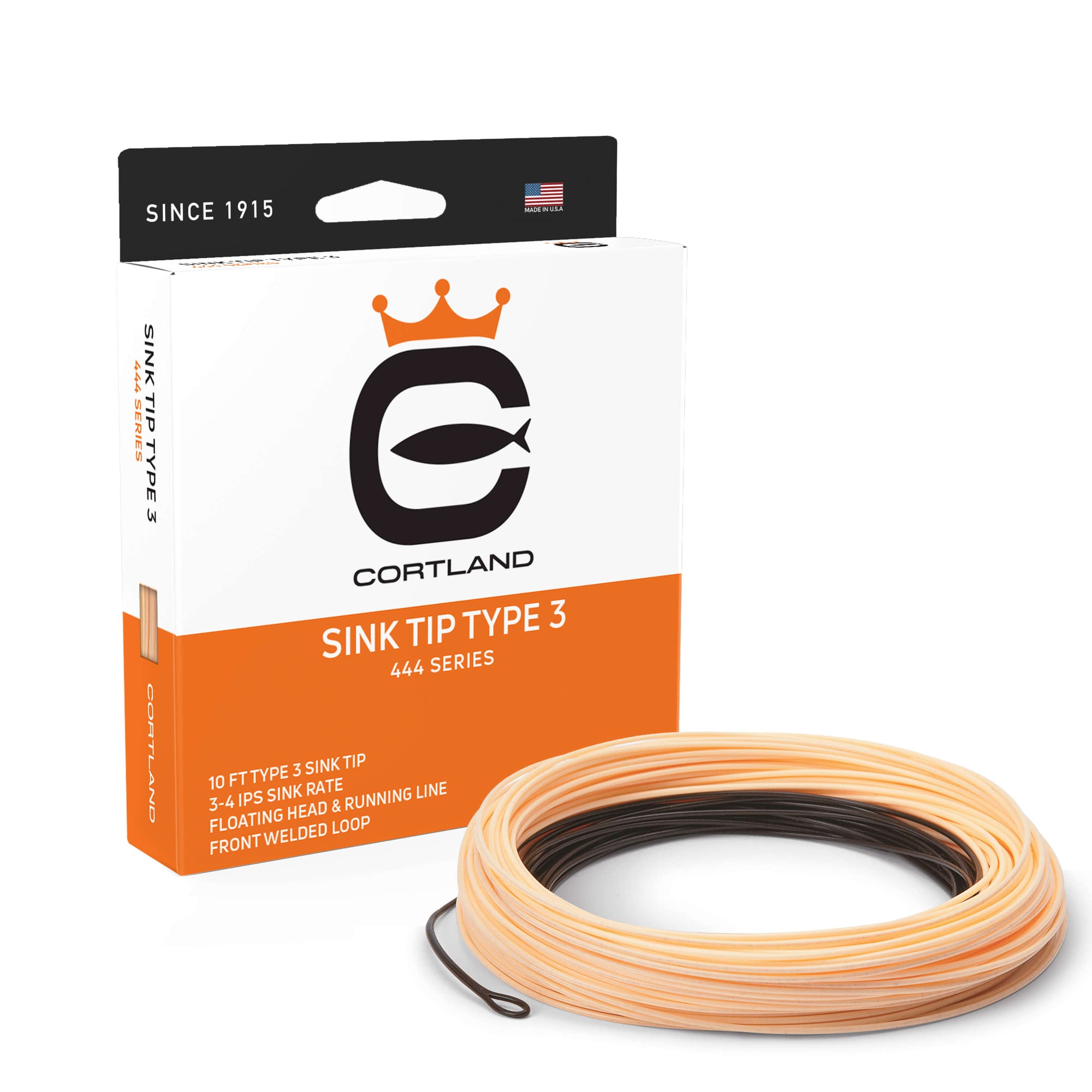 444 Series Sink Tip Type 3 Fly Line and box. The coil is brown and peach. The box is orange, white, and black.