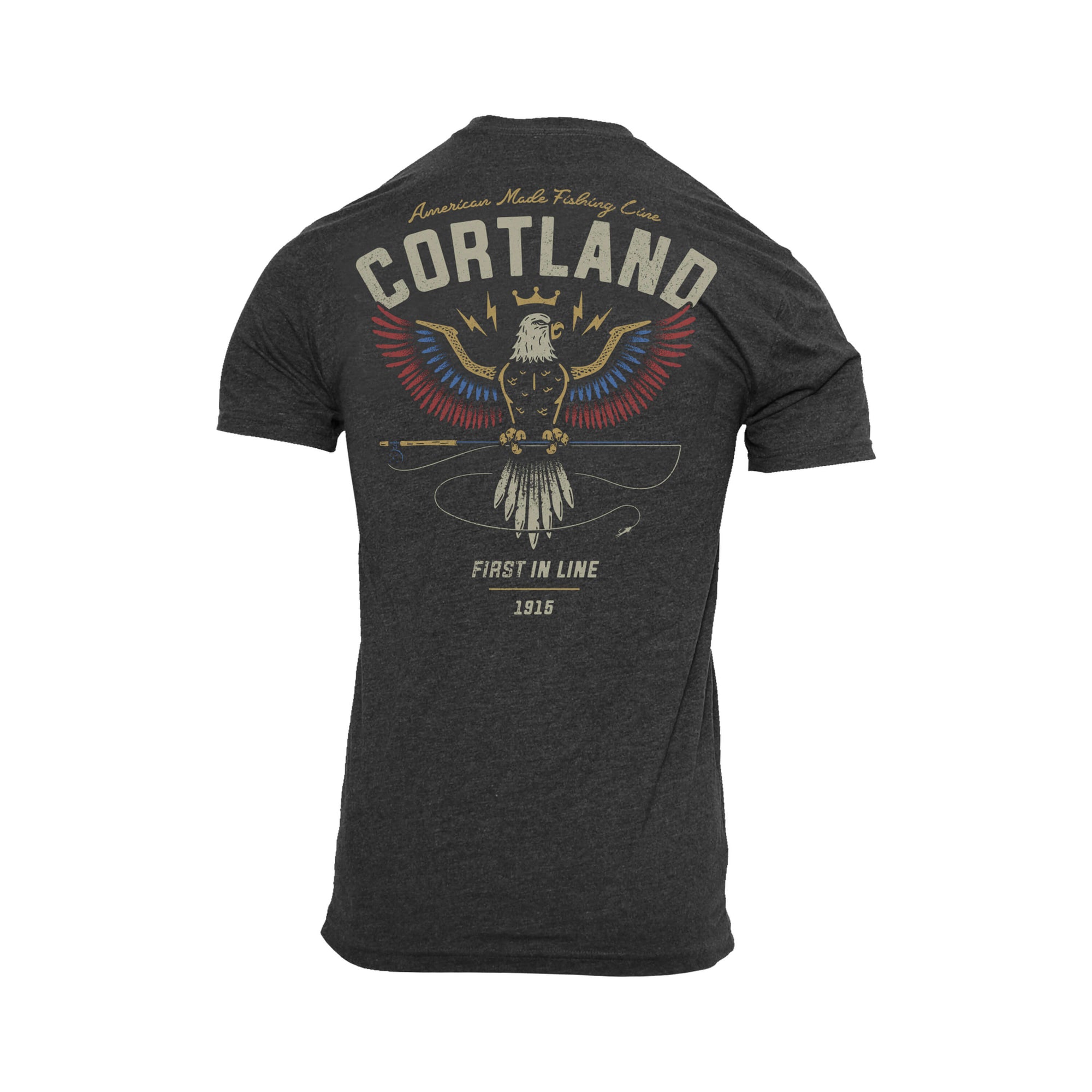 Soaring Eagle T-Shirt. The logo has Cortland at the top with an eagle holding onto a fly rod in its talons. The eagle's wings are yellow, blue, and red.