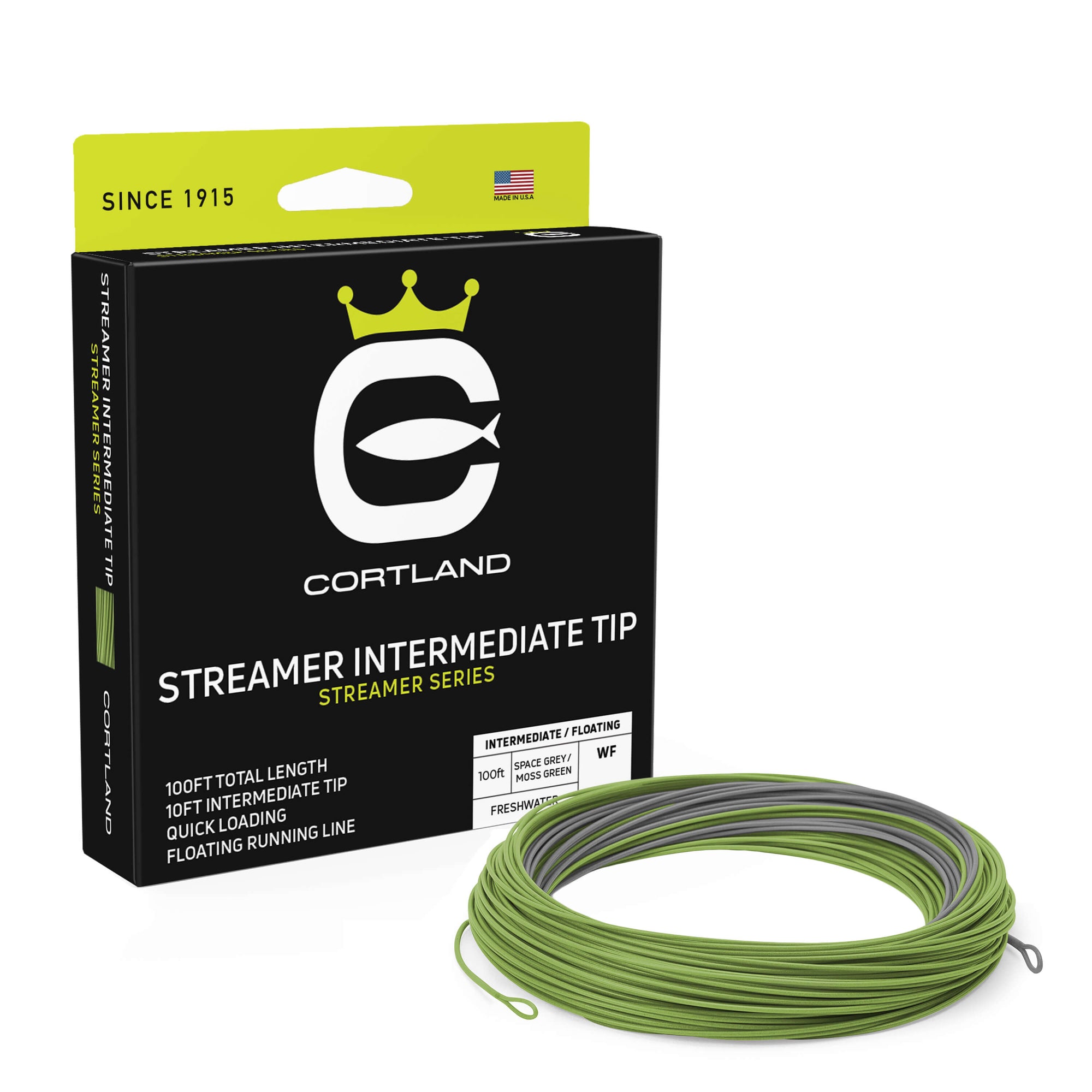 Streamer Intermediate Tip Fly Line Box and Coil. The coil is space grey and moss green. The box has the Cortland logo and is black and yellow.