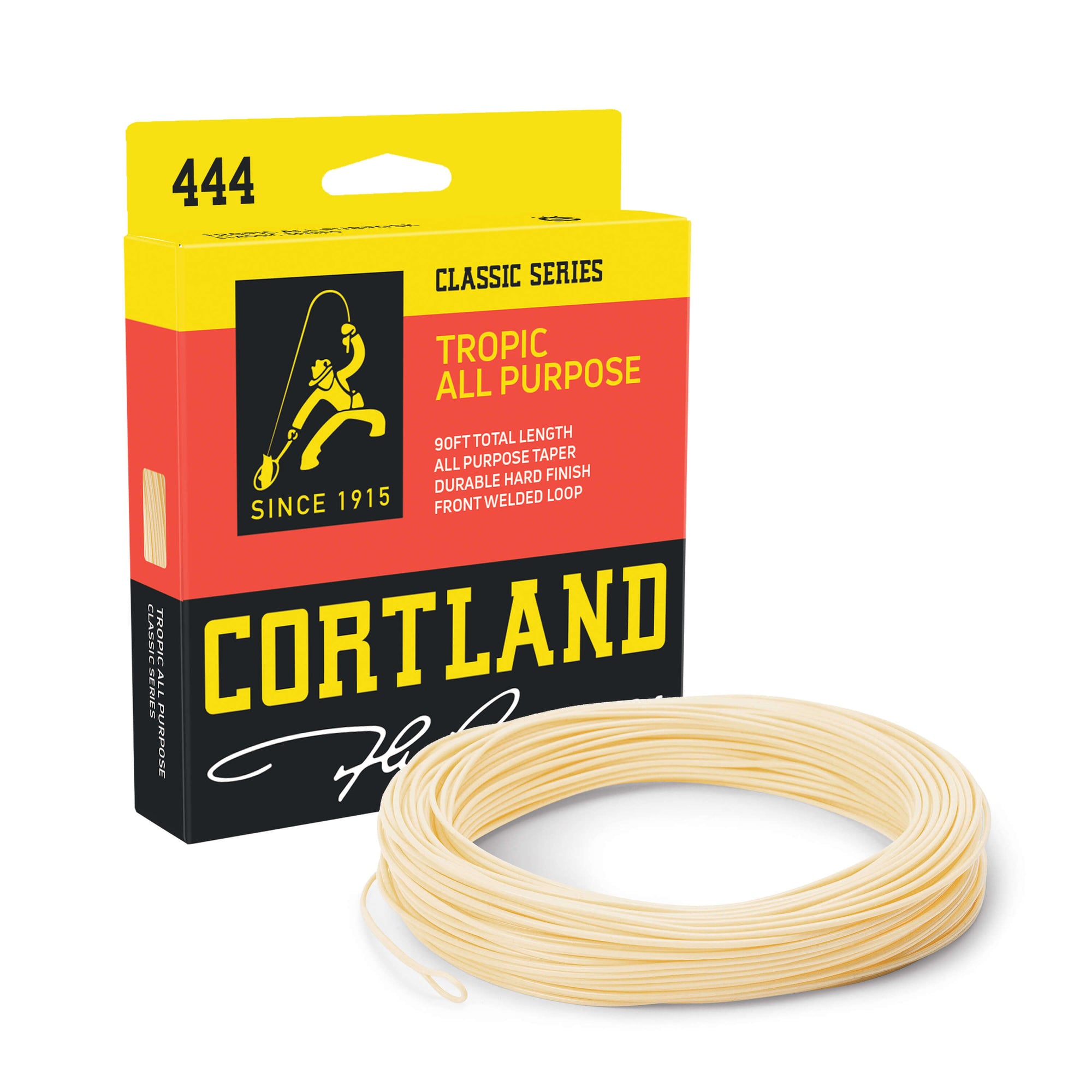 Tropic All Purpose Fly Line Box and Coil. The coil is sand color.  The box is black at the bottom, red in the middle, and yellow at the top.