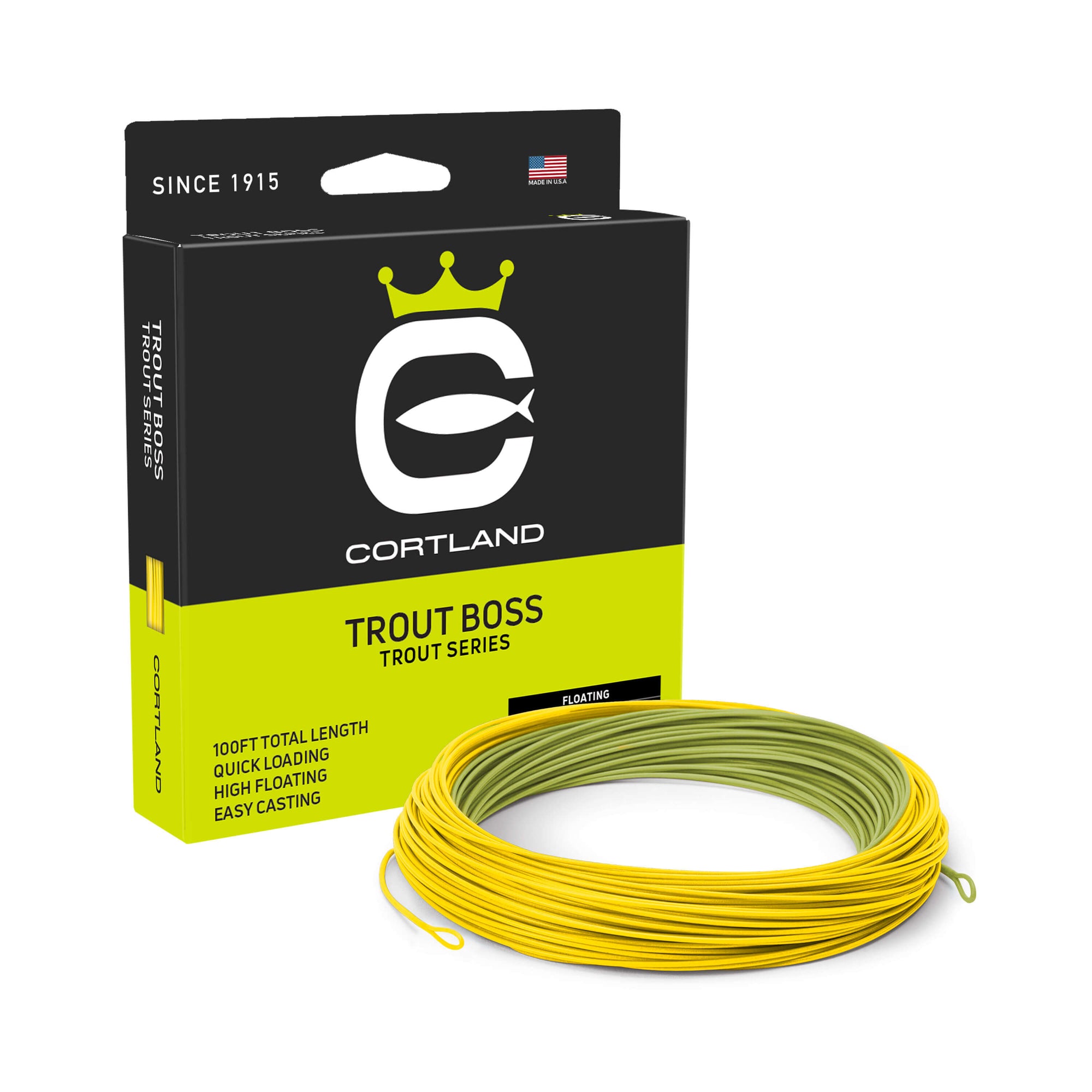 Trout Series Trout Boss Green Fly Line and box. The line is green and yellow. The box has the Cortland logo, and is black and greenish yellow.