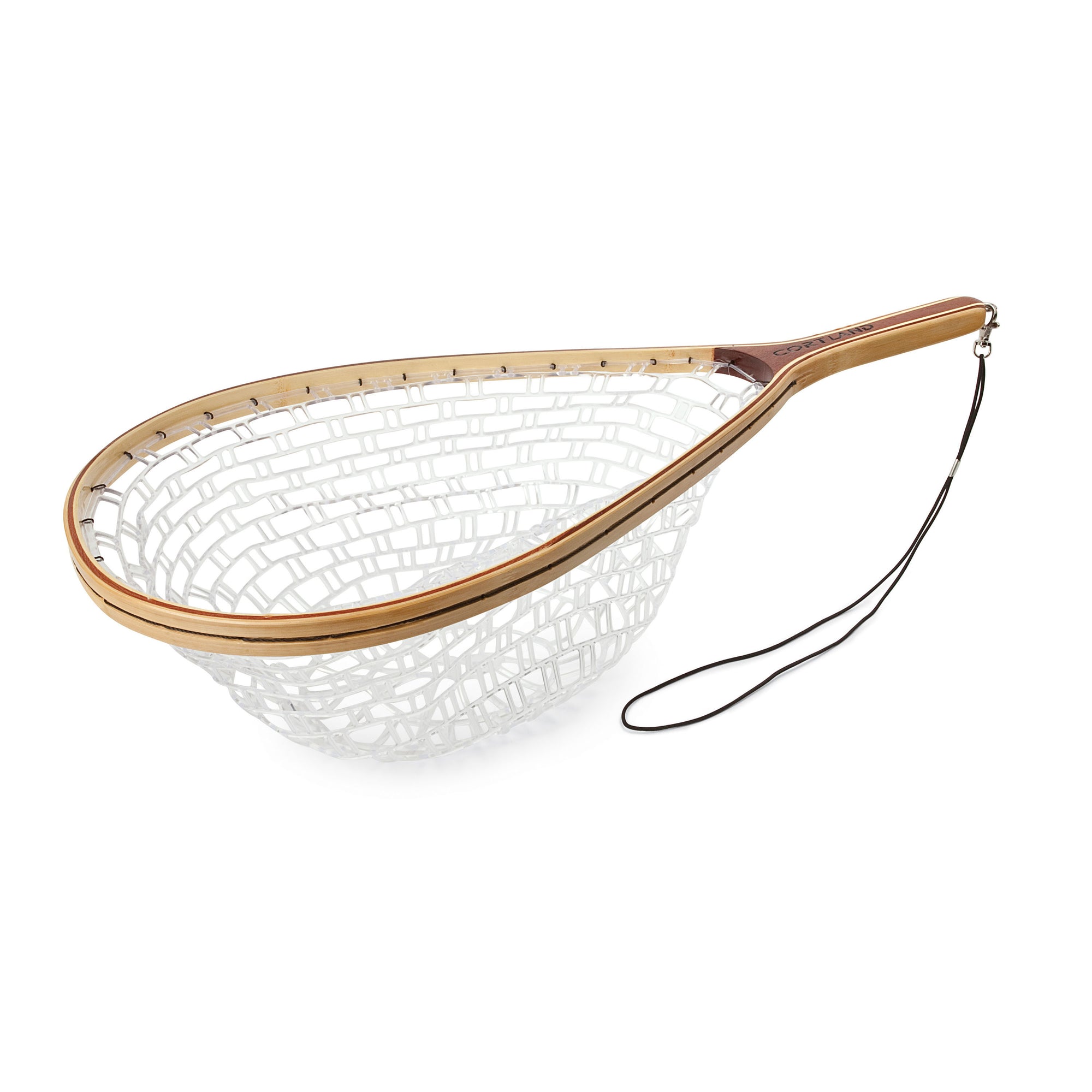 Catch and Release Net. The net is clear and the frame is laminated bamboo and hardwood.