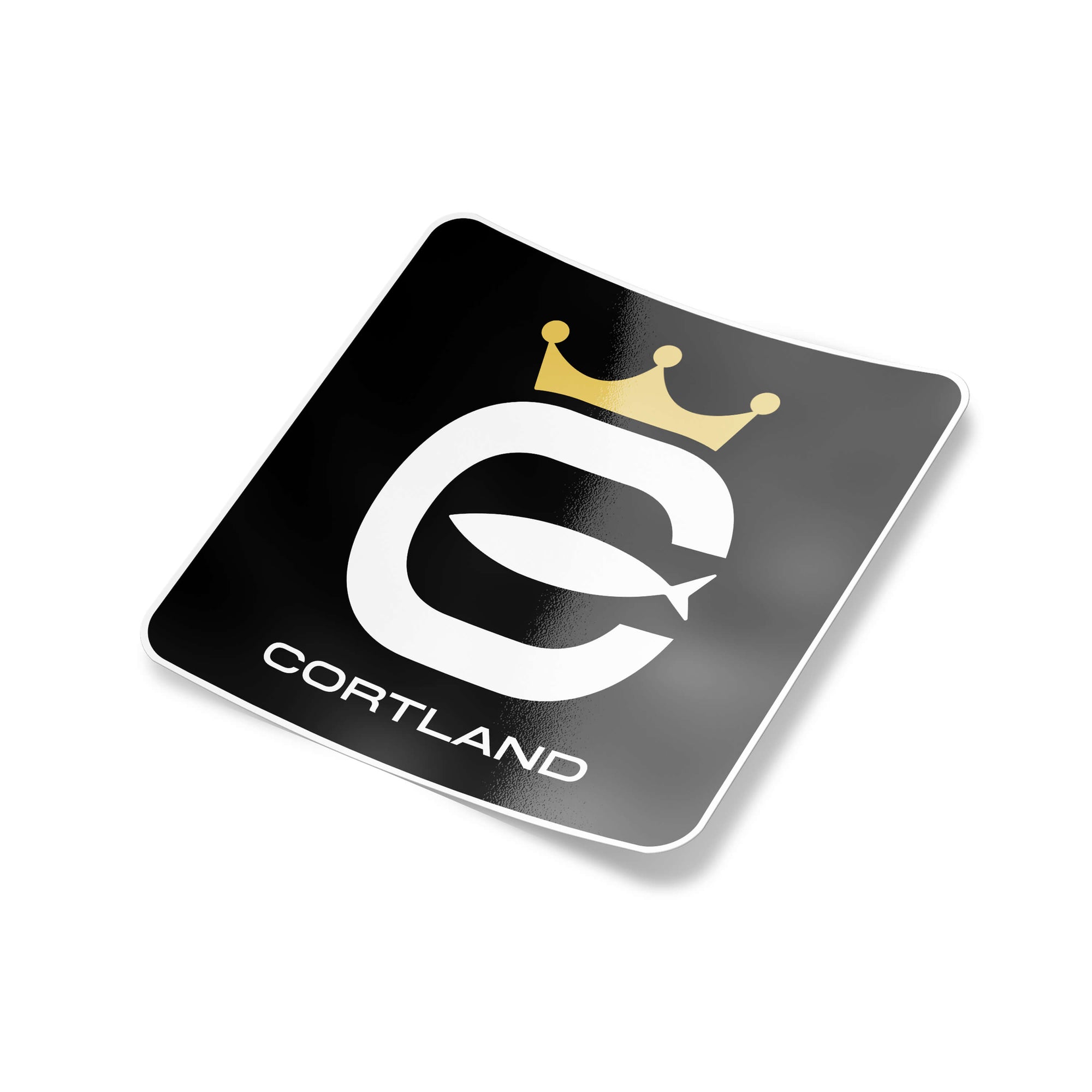 Cortland Logo Slap Sticker. The Cortland logo is in a white font, black background, and the crown is in gold.