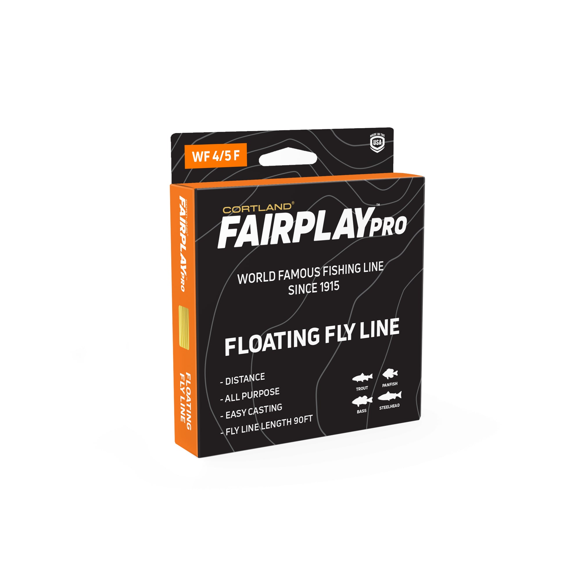 Fairplay Pro Floating Fly Line Box. The box is black and orange