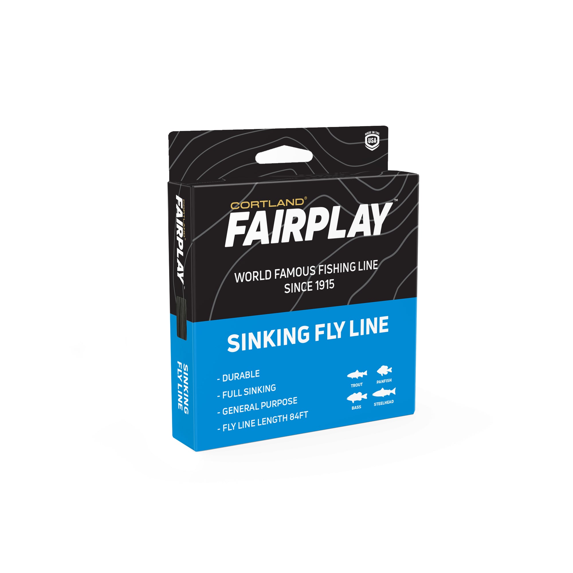 FairPlay Sinking Fly Line Box. The box is black at the top and light blue at the bottom