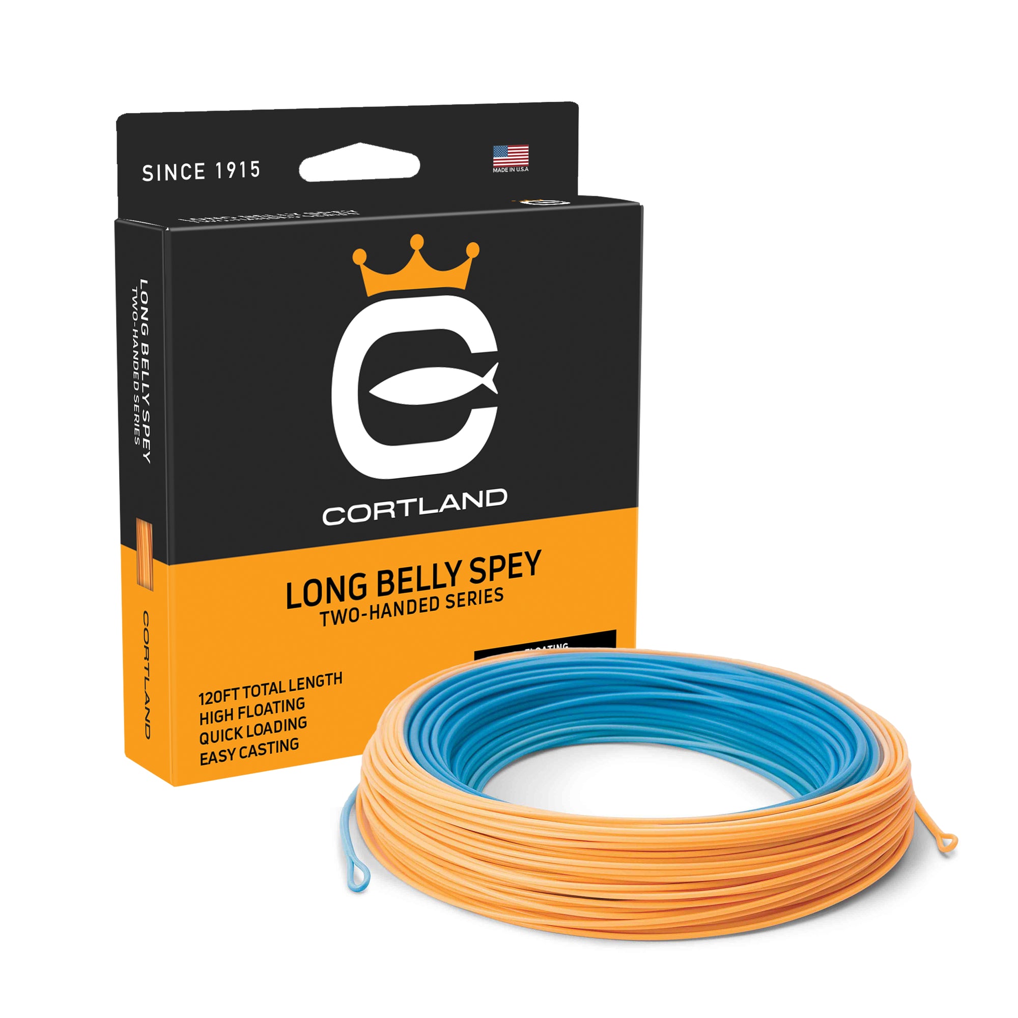Long Belly Spey Fly Line Box and Coil. The color of the coil is light blue and bright orange. The box has the Cortland Logo and is black and orange.