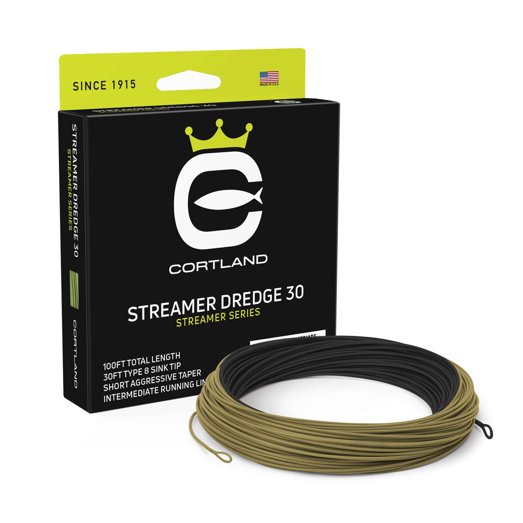Streamer Dredge 30 Fly Line Box and Coil. The coil is black and olive. The box has the Cortland Logo and is black and neon green.