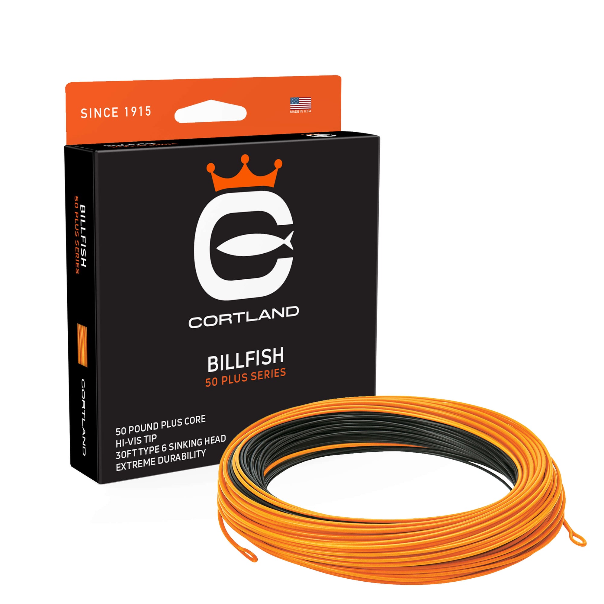 Billfish 50+ Series Fly Line Box and Coil. The coil is orange and black. The box has the Cortland logo and is black and orange. 