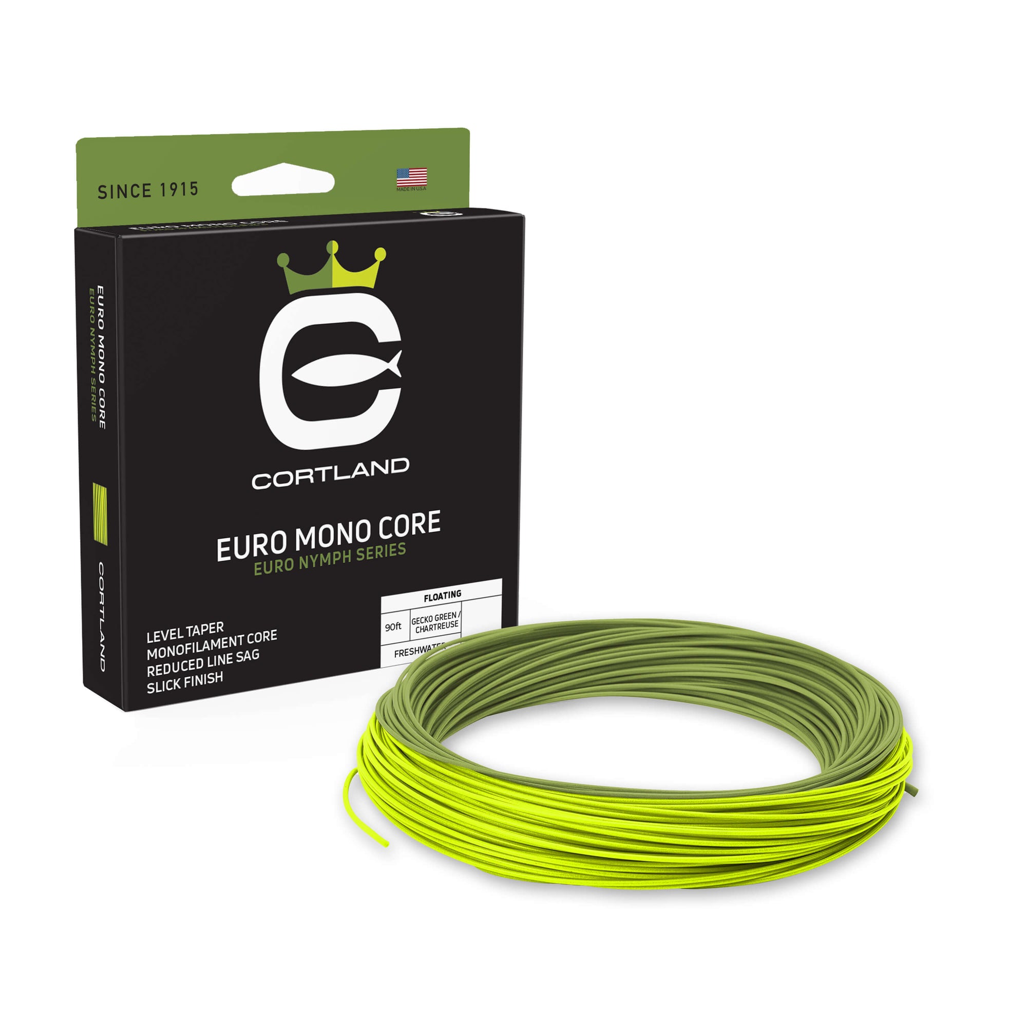 Euro Mono Core Box and Fly Line. The line is gecko green and chartreuse. The box is black and green.  