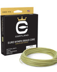 Euro Nymph Braid Core fly line box and coil. The color of the coil is sage green. The box has the Cortland Logo and is black and bronze.