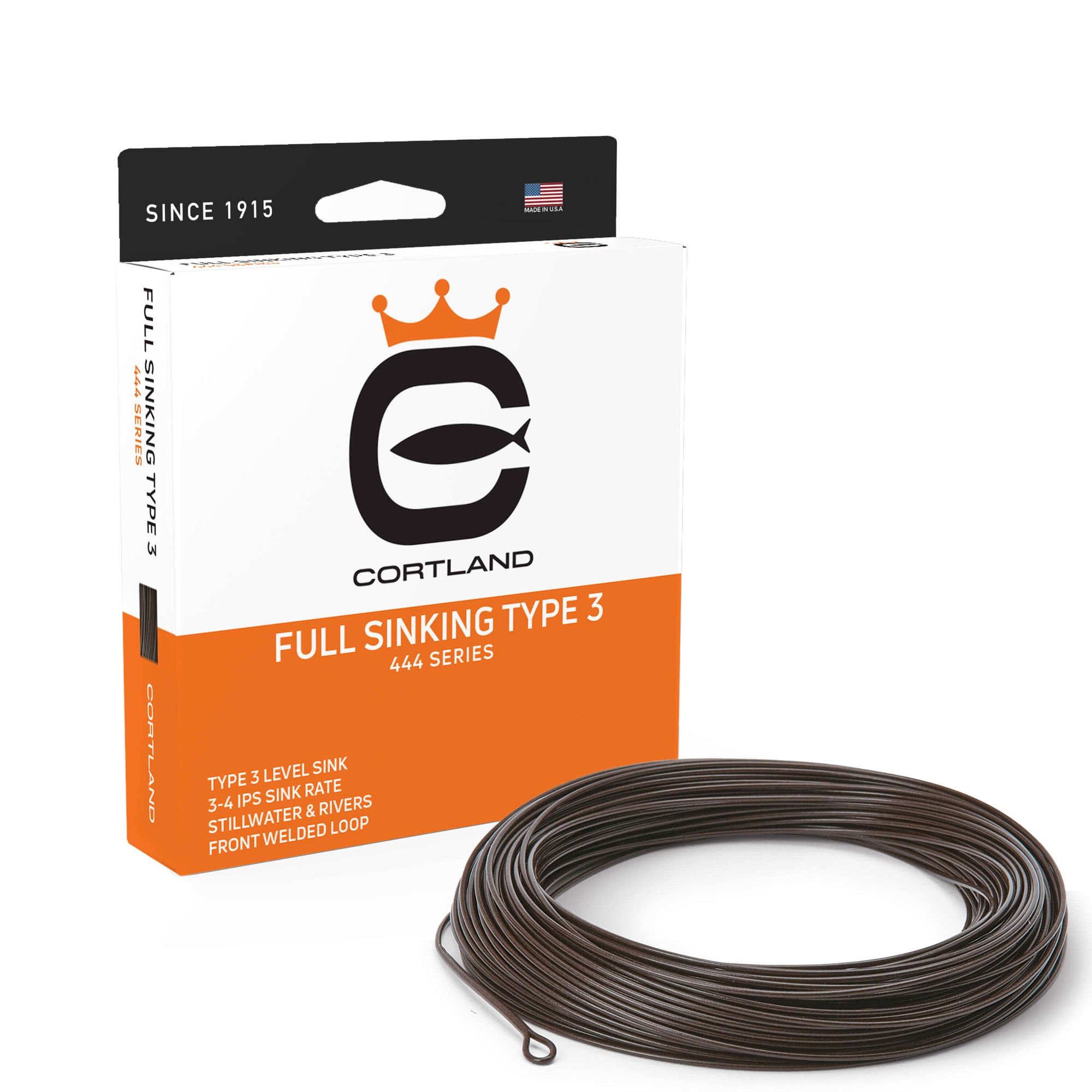 444 Series Full Sinking Type 3 Fly Line Box and coil. The coil is brown. The box is orange, white, and black. 