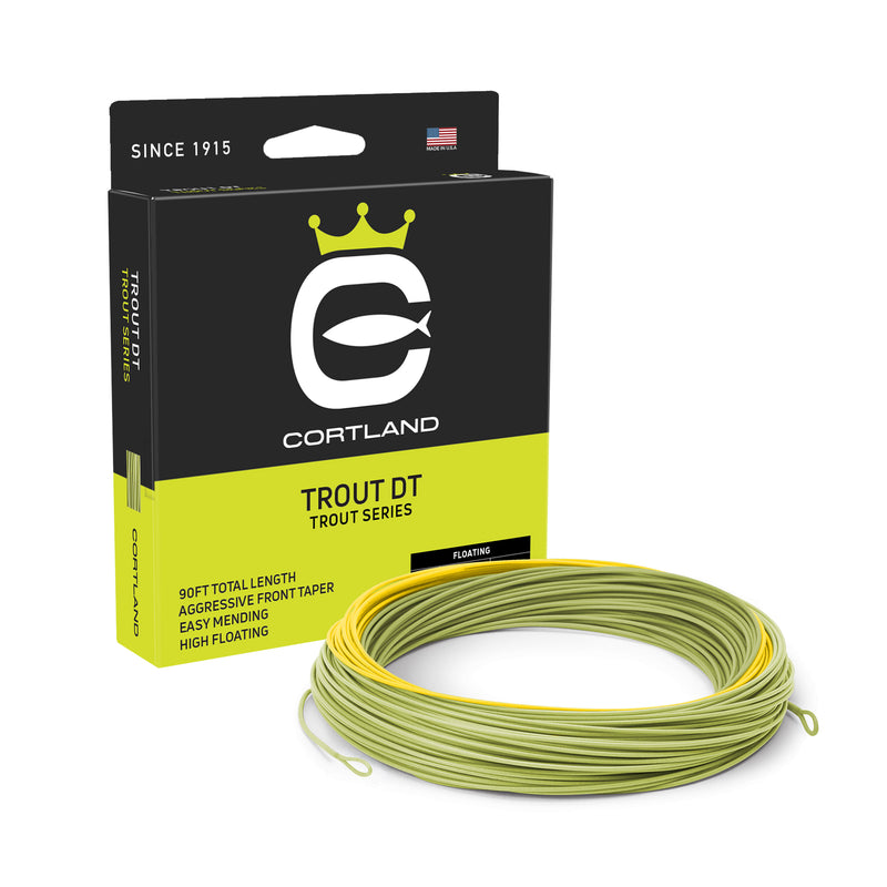 Cortland Trout DT fly fishing line packaging with green line on a white background
