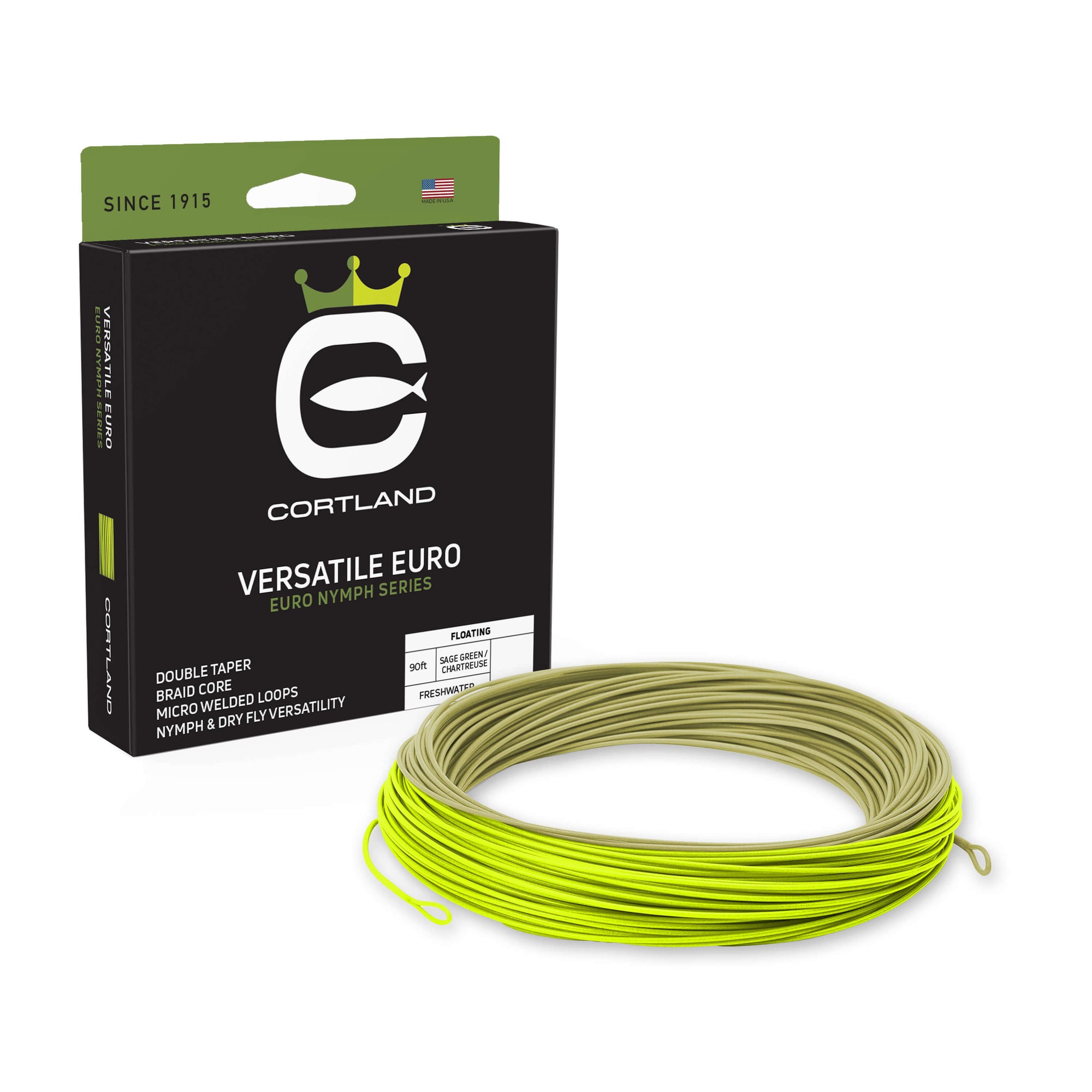 Versatile Euro Nymph Fly Line Box and Coil. The coil is sage green and chartreuse. The box is black and green at the top. 