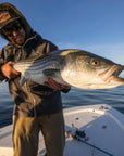 An angler is standing on a boat and holding onto a fish. 
